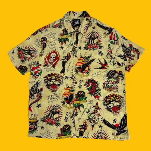 Camicia da uomo Ed Hardy taglia media stampa tatuaggio 100% viscosa manica corta bottoni - Foto 3 di 9