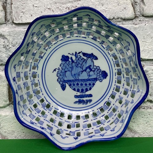 Frutero de cerámica china vintage tejido de canasta cerámica artística azul y blanco 8,5 pulgadas - Imagen 1 de 17
