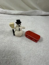 Frosty Snowman Sled Salt Pepper Shakers Set~ Vintage Ceramic