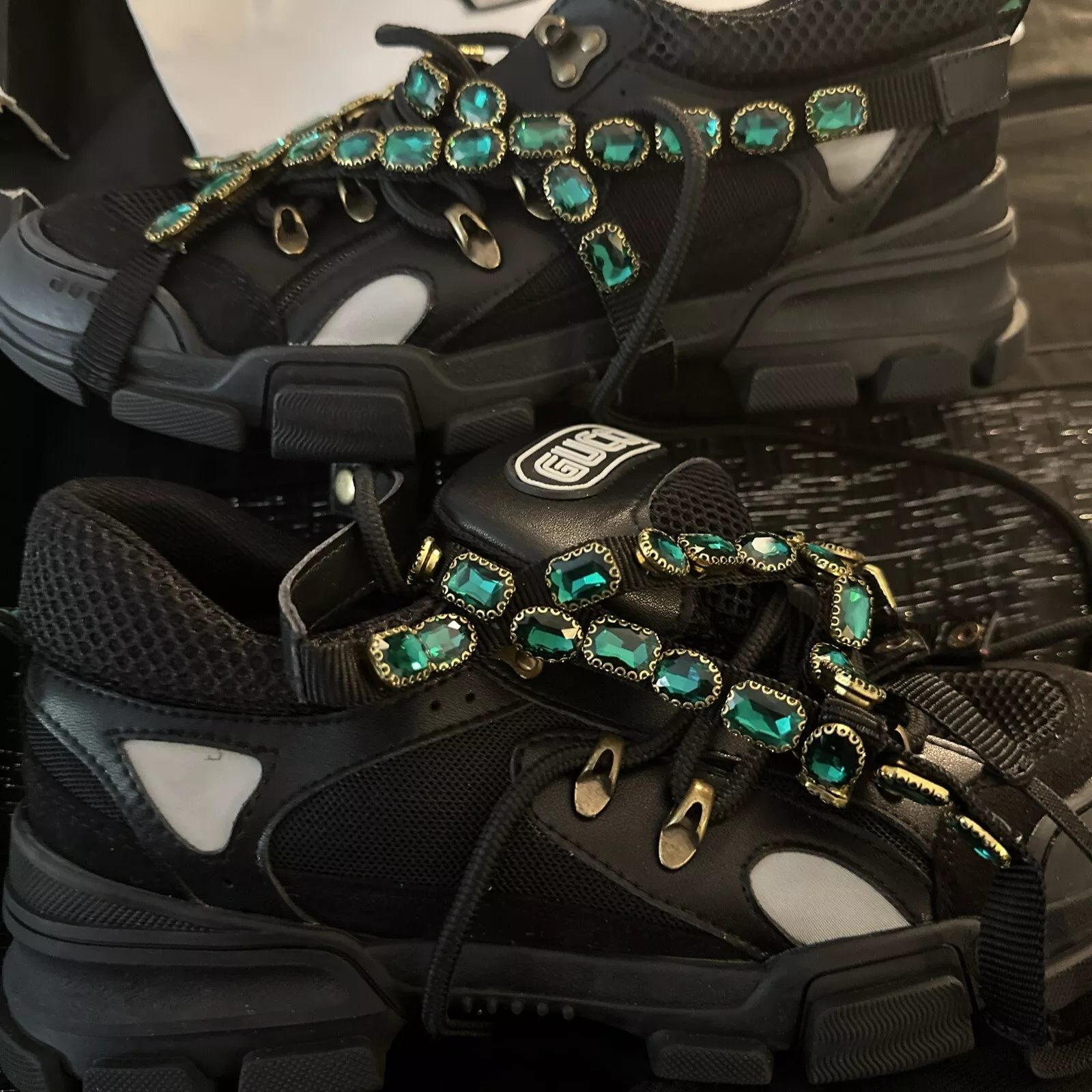 Chaussures Gucci Xsega maille daim cuir de veau cristaux amovibles