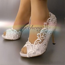su.cheny- 3" 4  heel white ivory silk lace peep toe crystal Wedding Bridal shoes