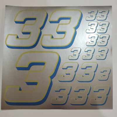SILVER W ~Yellow/Blue #3 Racing Numbers Vinyl Decal Sheet -Nascar-GMC