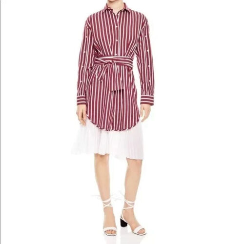 SANDRO Melia Pleated-hem Burgundy Striped Belted Shirt Dress Long Sleeve S/M