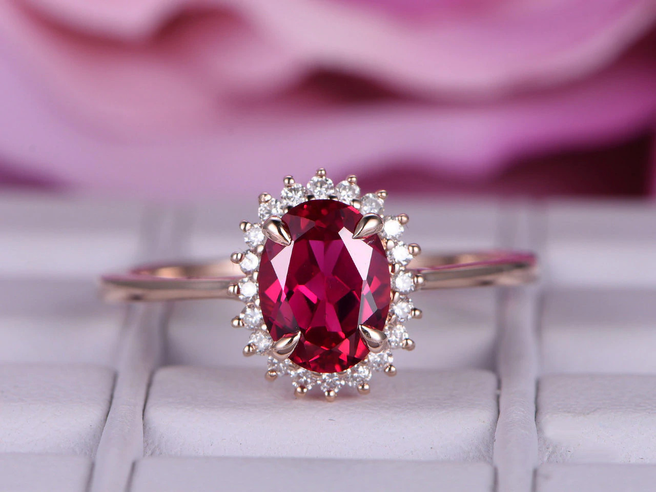 2ct Ruby Floral Halo Diamond Ring in Rose Gold Plated Silver