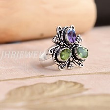 Faceted Peridot  Amethyst Cut Gemstone 925 Sterling Silver Ring Dressy Jewelry