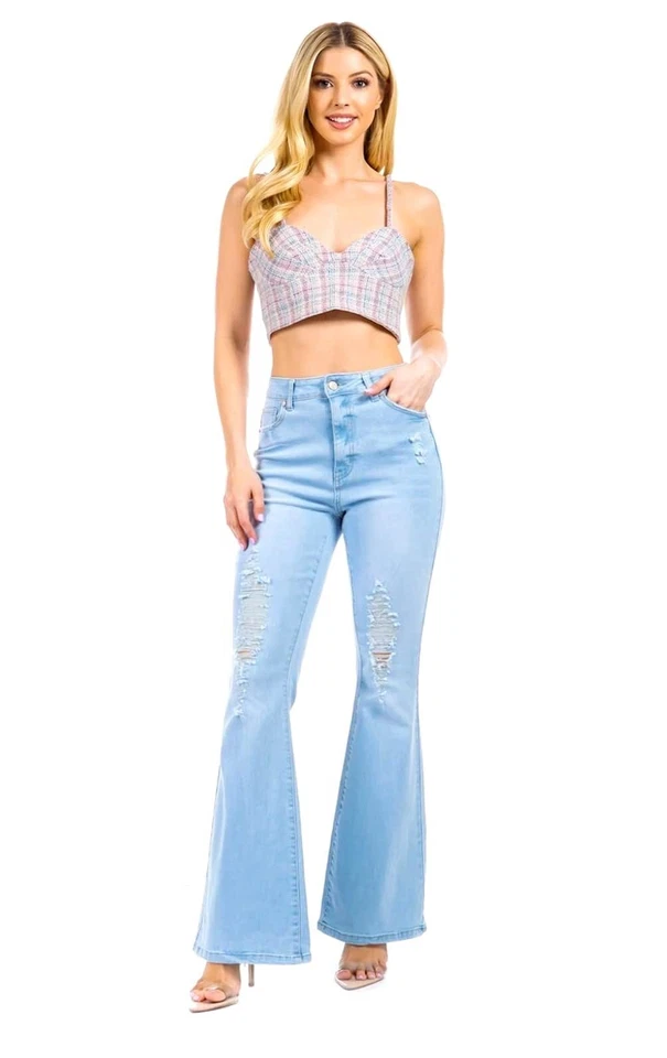 Sweet Look Womens Juniors 70s Trendy Flared  Distressed Bell Bottom Denim JEANS - Image 3 of 4