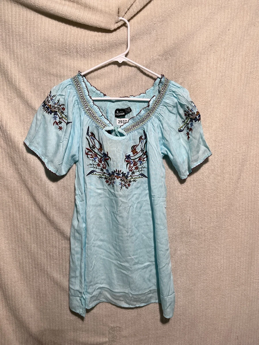 S.R Fashion Unsized Blue Aloha Boho Gypsy Dress Summer Beach Coverup Sundress