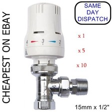 Thermostatic Radiator Valve 15mm & 10mm x 1/2" Angled White Chrome Rad TRV 