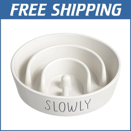 White Ceramic 3-Cup Dog Slow Feeder Bowl - Prevent Bloat with Modern Maze Style