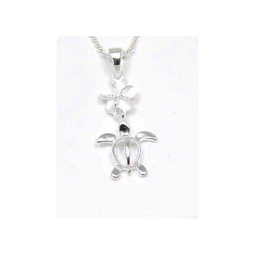Genuine 925 Silver Blue CZ Hawaii Plumeria Flower Honu Pendant Necklace