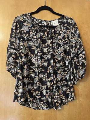 Knox Rose Women's  Button Down Gold Thread Floral 3/4 Sleeve Top Size S