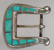 Vintage c. 40s-50s ZUNI Small STERLING Ranger Buckle w/ Turquoise Inlay-22 grams