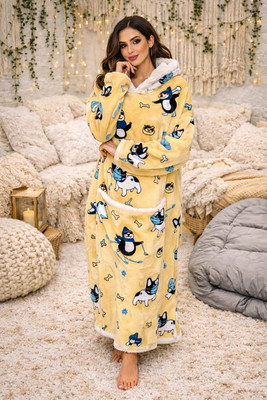 Women Pajamas Blanket Hoodie T-Shirt Dress Yellow Sherpa Fleece Robe Puppy Print