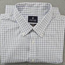 Stafford Shirt Mens 18 34-35 Blue White Fitted Non Iron Button Down Plaid Oxford