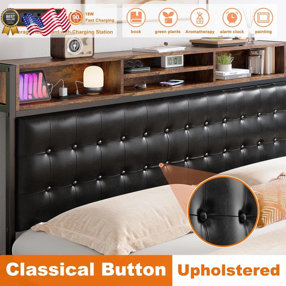 Marco de cama king size con 4 cajones de almacenamiento marco de cama king y cabecero tapizado Foto 4 de 4