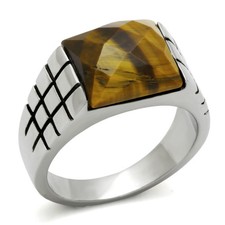Men's Ring, Smoky Brown Tiger Eye, Stainless Steel, Faceted Gemstone, Bold Ring