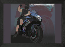 Boy next to motorcycle Framed Wall Art Poster Canvas Print Picture