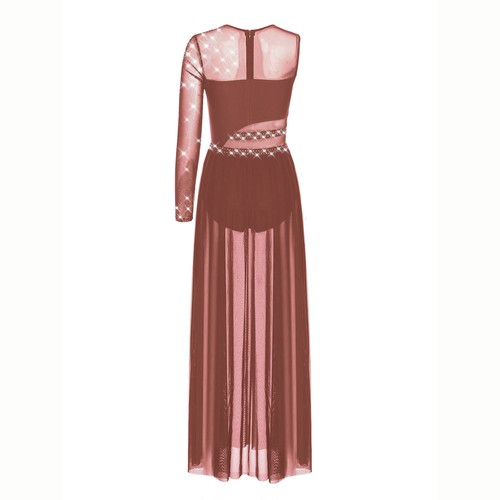 Women Dresses Single Sleeve Dress Round Neck Dancewear Sheer Rhinestones Mesh - Picture 33 of 73