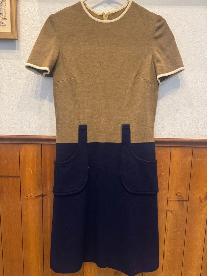 Vestido Mod de Lana Italiano Años 60 Bloque de Color Línea A Bolsillos Midcentury Twiggy Foto 3 de 4