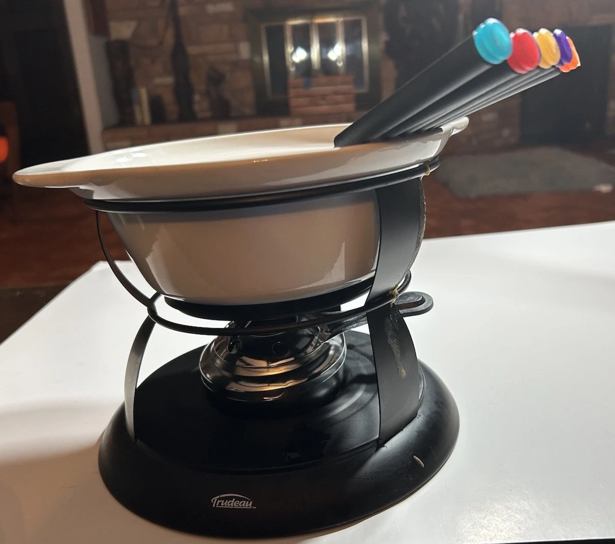 Trudeau Ceramic Fondue Set for Chocolate & Cheese with Burner, Base & Forks