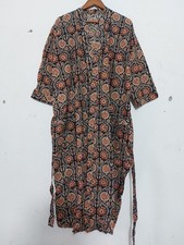 100% Cotton Indian Kimono Robe Hand Printed Long Bathrobe for Women