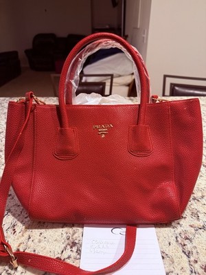 Prada Milano Red Pebbled Leather Tote Bag Purse With Gold Accent Vintage
