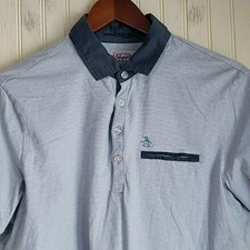 Original Penguin Polo Shirt Mens M Blue Stripe Contrast Collar Cotton Knit Top