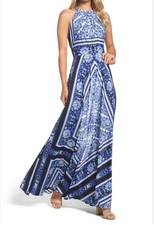 Eliza J Scarf Print maxi halter floral cocktail Dress blue multi 90s sz 2