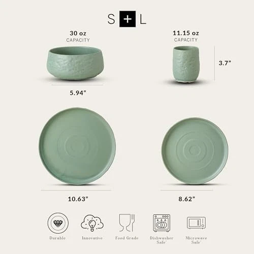  Juego de vajilla, platos y cuencos de gres de 16 piezas SHOSAI juego de 16 piezas salvia Foto 3 de 4