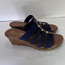 Italian Shoemakers Clover Navy Blue Brown Elastic Strap Wedge Sandals Size 7