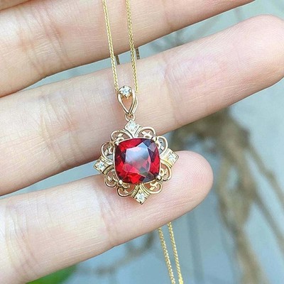 3Ct Cushion Cut Lab-Created Garnet Women's Pendant 14K Yellow Gold Finish Silver