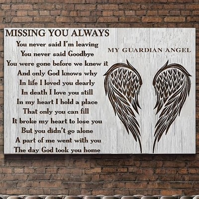 Missing You Guardian Angel Wings Memorial Framed Canvas, Rustic Sympathy Wall