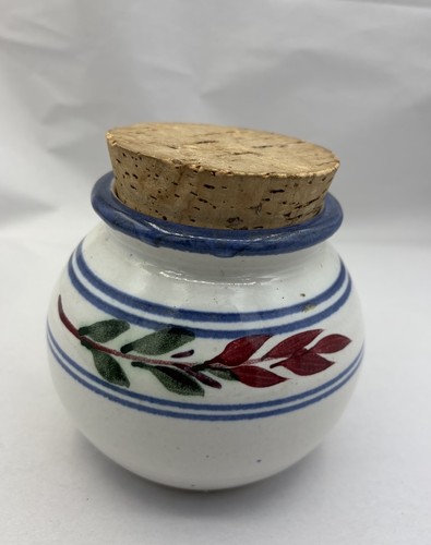 Vintage MMS Red Floral Blue Striped Stoneware Primitive Art Pottery Jar 4.5"