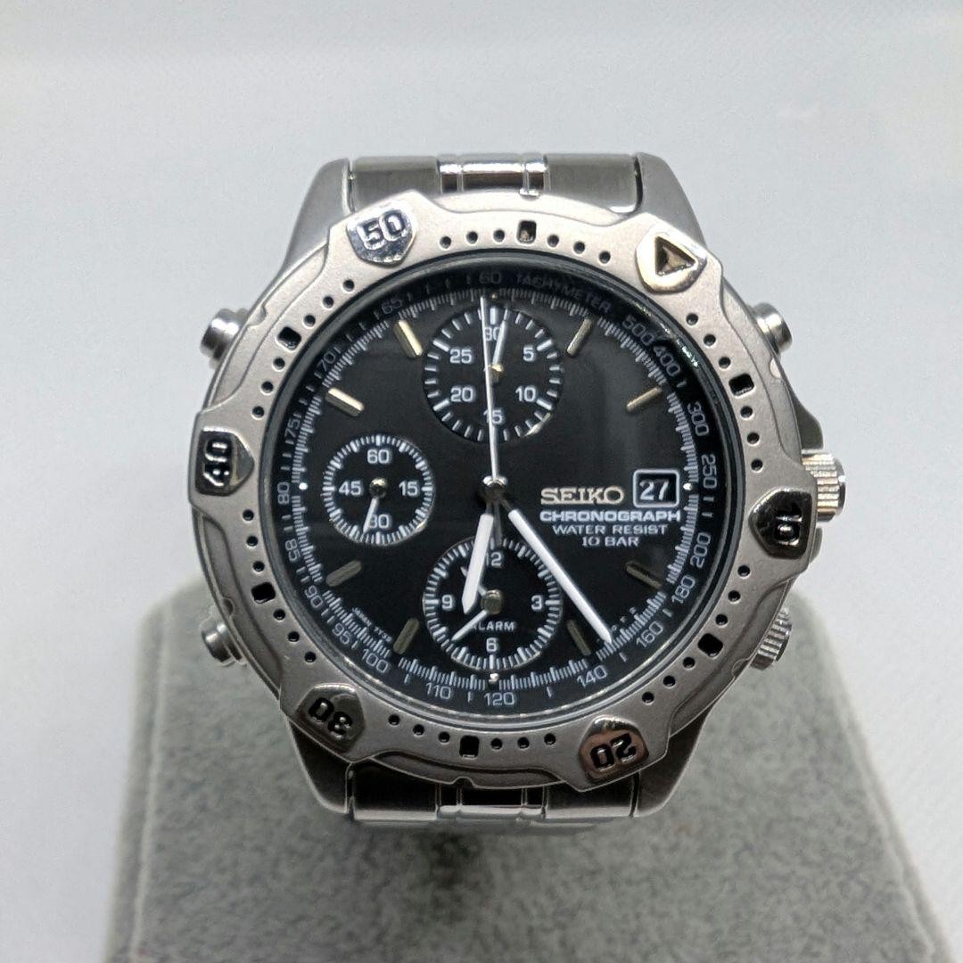 Seiko Chronograph 7T32-6E40 Quartz Black Dial Date Alarm