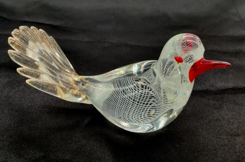Vintage Murano Art Glass Bird Latticino and Gold Aventurine Red Beak ( READ)