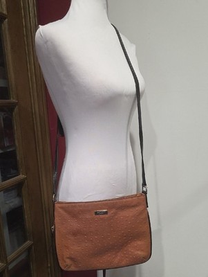 KATE SPADE ELYSE OSTRICH EMBOSSED CROSSBODY CAMEL TAN DARK BROWN LEATHER BAG