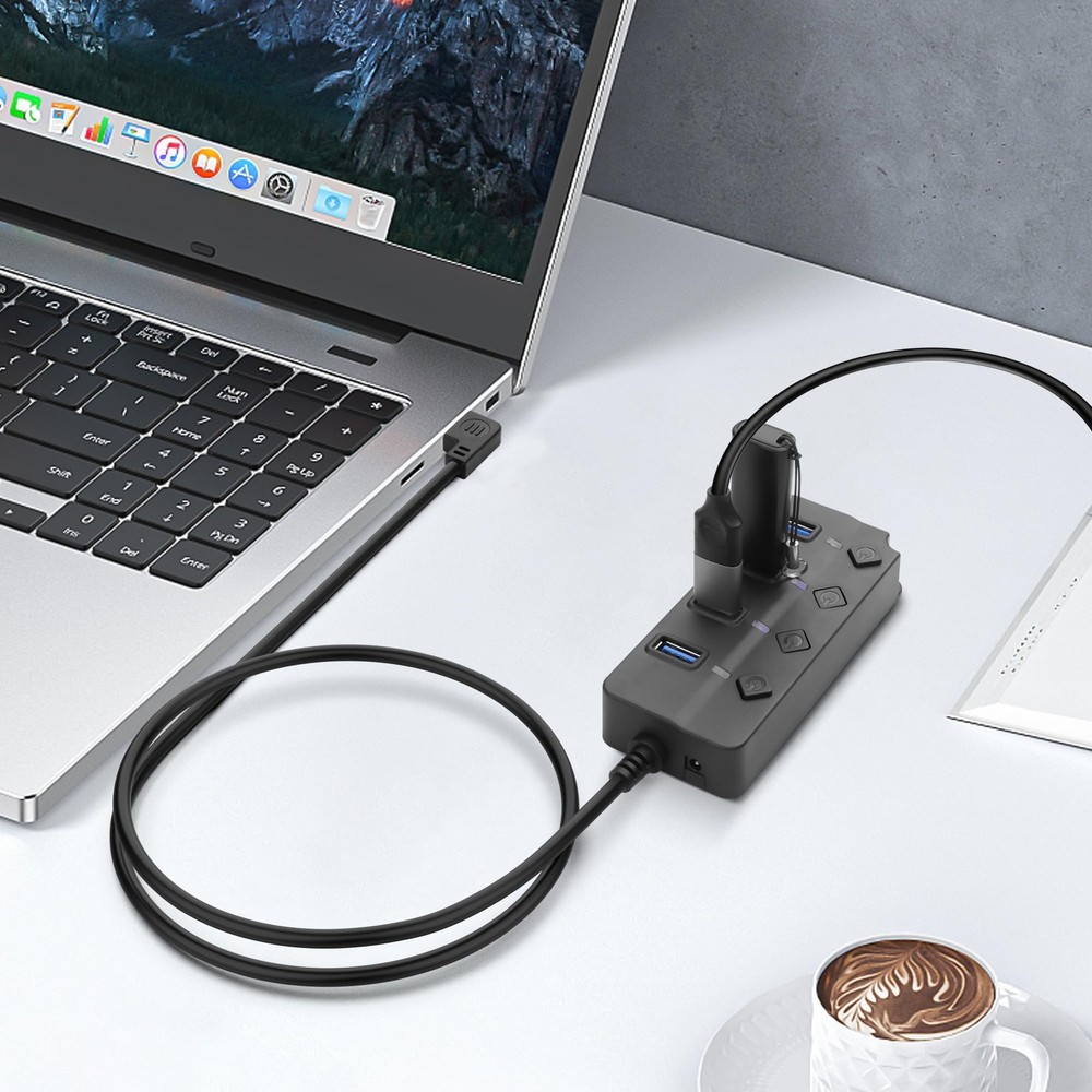 90 Degree USB 2.0 Hub Splitter with LED Buttons by YACSEJAO