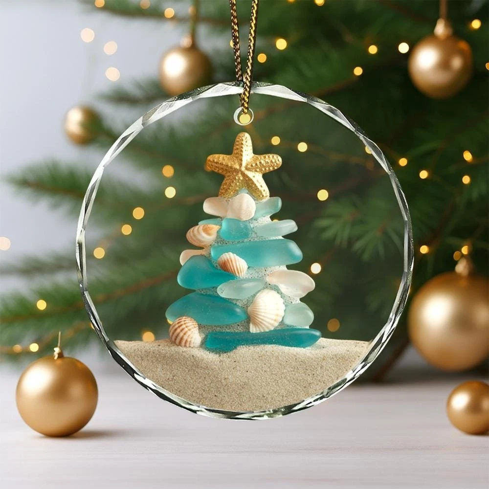Beach-Inspired Glass Ornament with Sea Glass and Shells for Christmas Tree