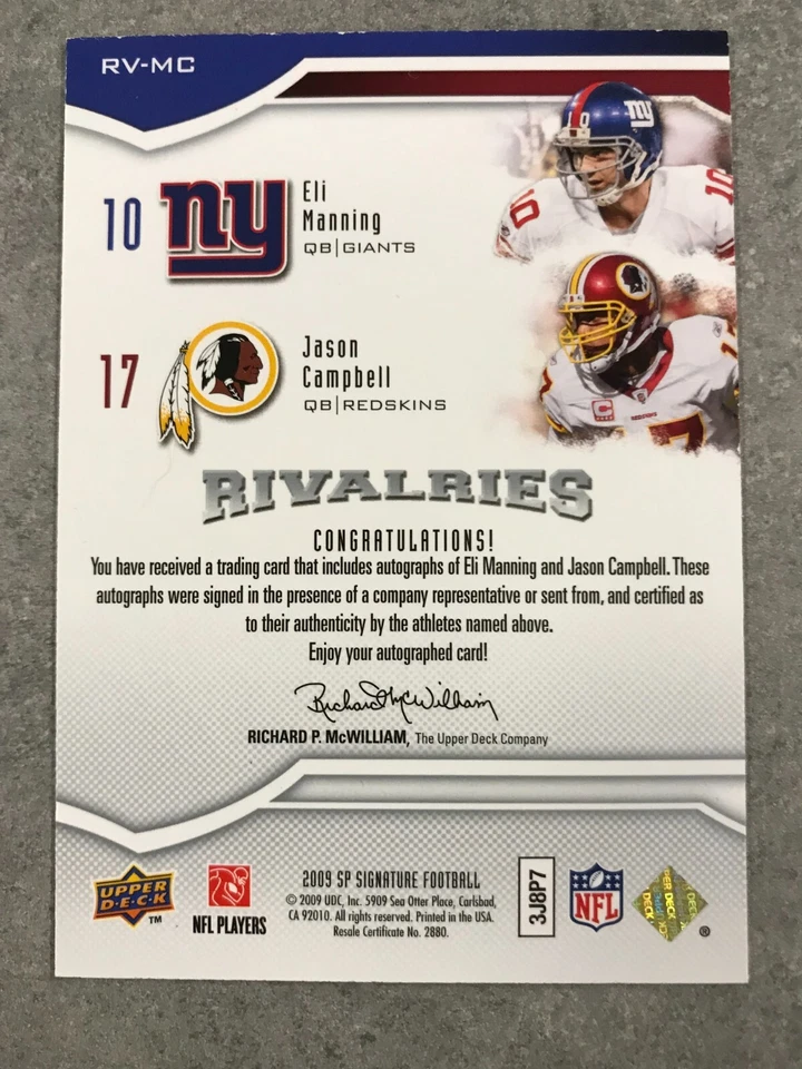 SP Signature Rivalries 2009 #RV-MC Eli Manning y Jason Campbell autos dobles/10 Foto 2 de 2