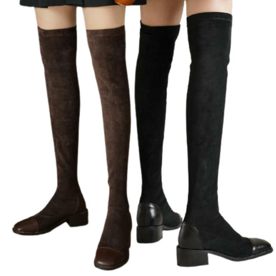 Women Casual Square Toe Low Heel Over The Knee Thigh Stretch Boots Shoes 34-43 L - Изображение 3 из 4