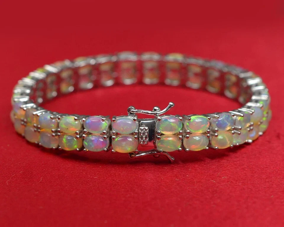 Pulseira de opala de fogo natural etíope, prata esterlina 925, pulseira de duas linhas, presente - Imagem 3 de 4