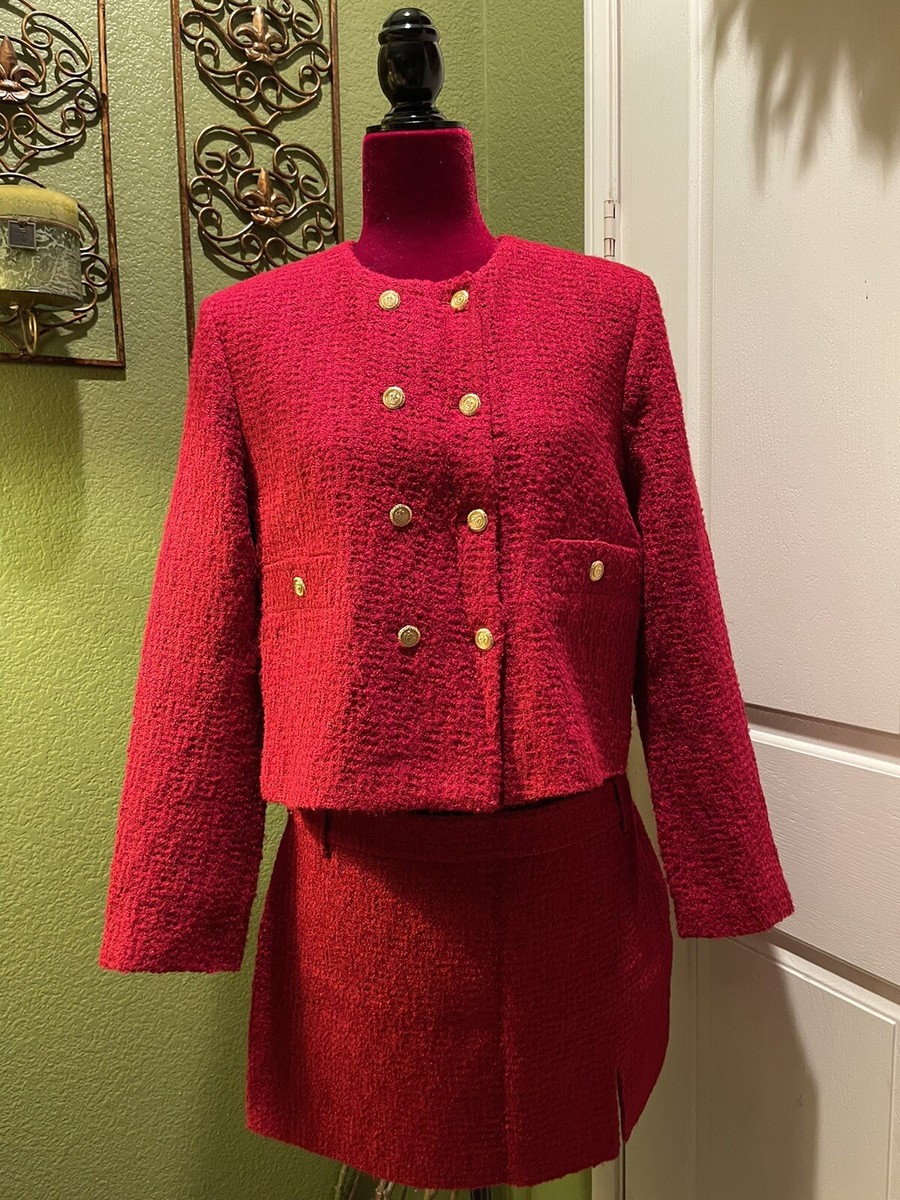 100% Authentic ZARA Rose Red Textured Jacket and Skirt Set Size