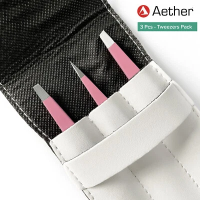 Aether® 3-Pack Pink Tweezers Set Stainless Steel Eyebrow Hair Pluckers + Case.