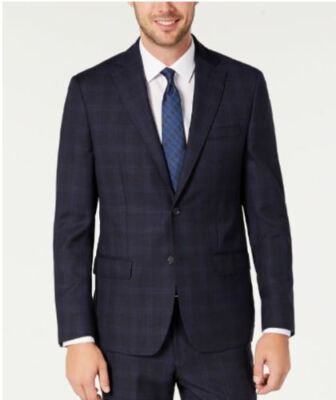 DKNY Men's Modern-Fit Stretch Navy/Light Blue Windowpane Suit