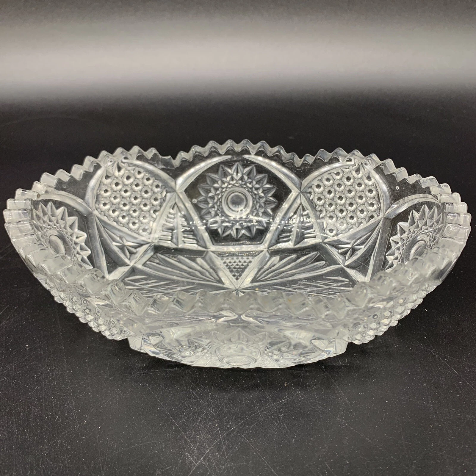 VTG American Brilliant Sawtooth & Hobstars Cut Glass Crystal Oval Candy Nut Dish