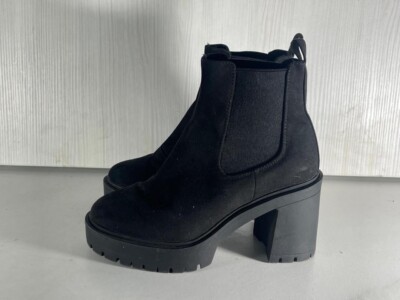 Damen Stiefeletten schwarz Wildlederimitat Gummizug klobig Plateau UK 4 EU 37 -A168