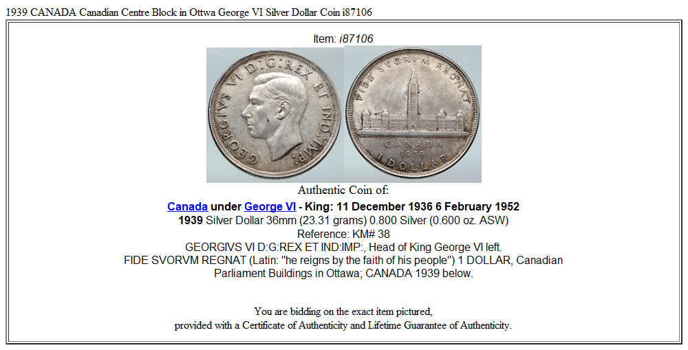 1939 CANADA Canadian Centre Block in Ottwa George VI Silver Dollar