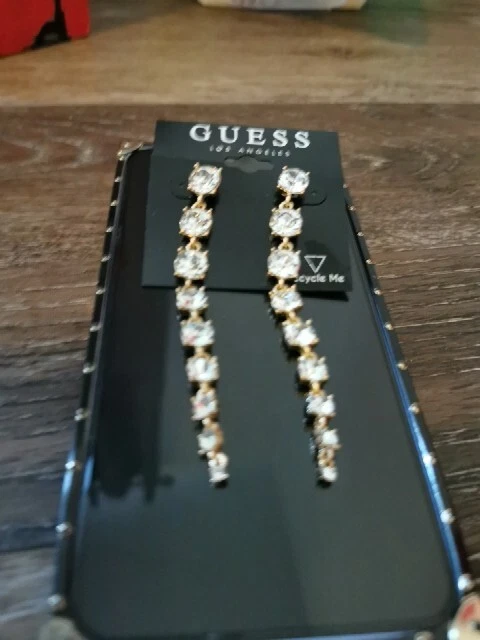 NEW GUESS Gold TONE,9 LINEAR HANGING CRYSTALS CHAIN STUD PUSH BACK EARRINGS - Image 2 of 2