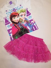 BNWT GIRLS FROZEN WHITE TOP PINK SEQUIN SKIRT - SIZE 1 -6