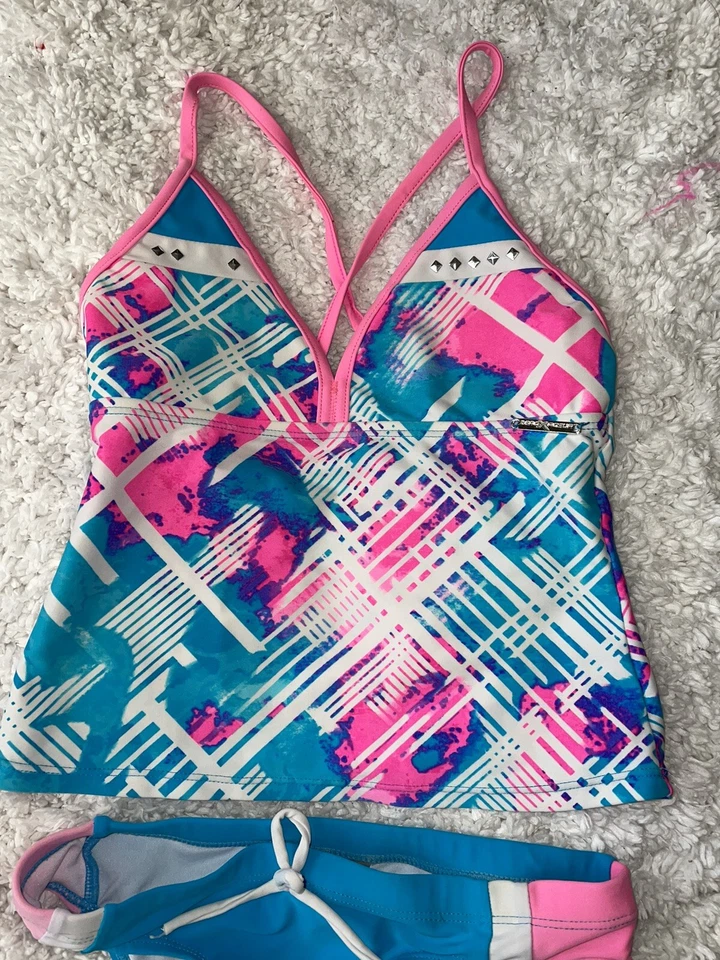 Zero X Posur niñas talla 8 tankini diseño azul y rosa. Lindo, divertido Foto 2 de 4